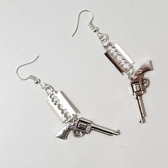 Punk Earrings - Gun & Razor Blade Charms NWOT - Picture 6 of 8